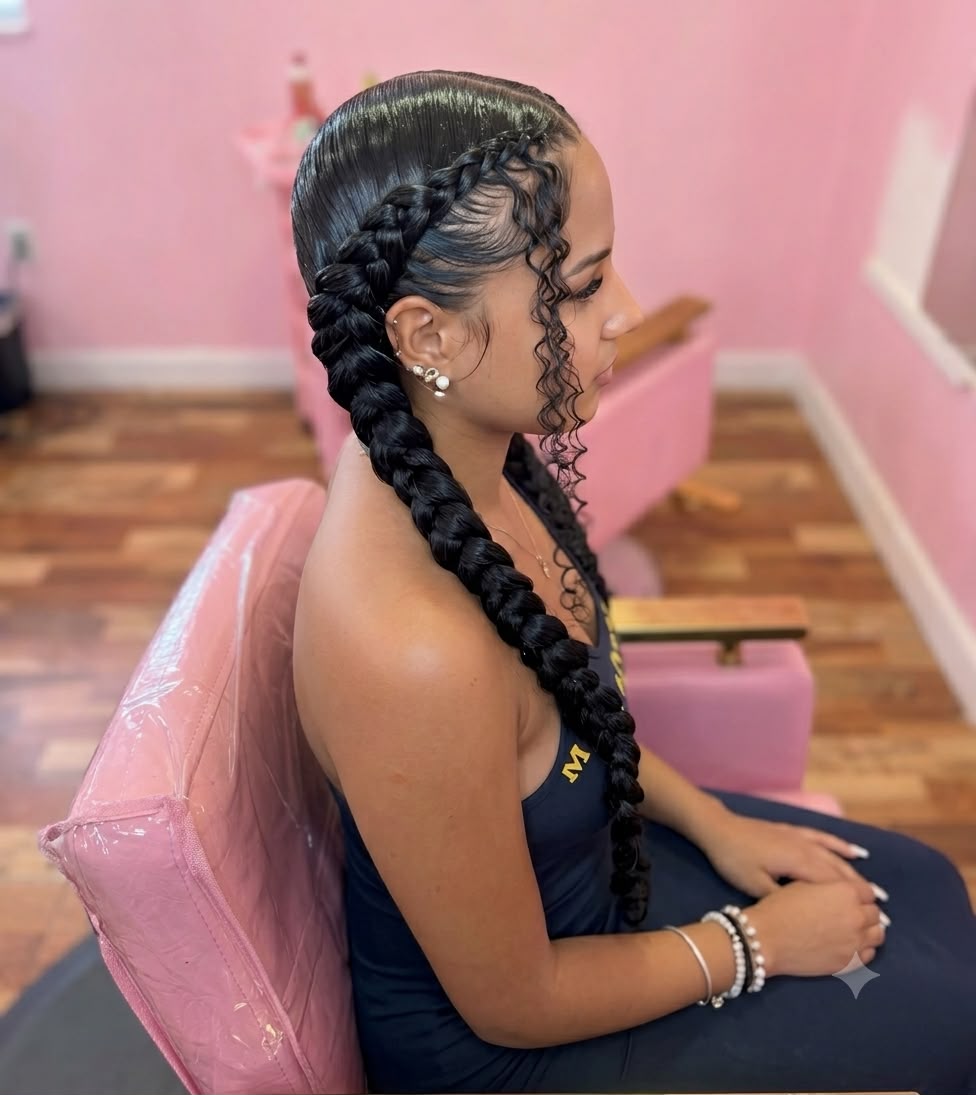 Braided hairstyle created at Pink Nail Studio