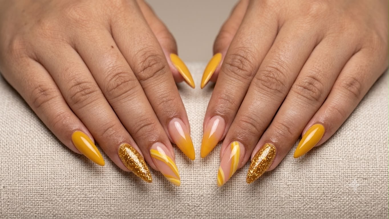 Yellow and gold nail design created at Pink Nail Studio